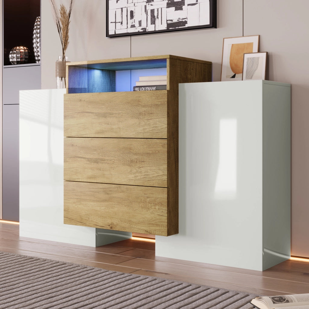 Credenza Moderna con LED ¨C MINIMAL ¨C Bianco Lucido e Legno 140cm