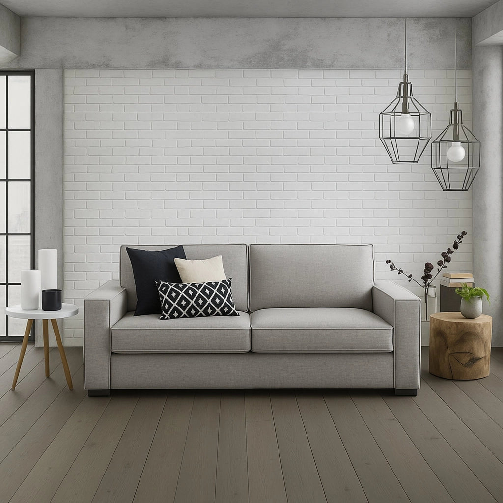 Divano fisso Abernathy, Divano a 3 posti, Made in Italy, Sofà\  Soggiorno in tessuto, con Braccioli slim, cm 200x95h90, Grigio