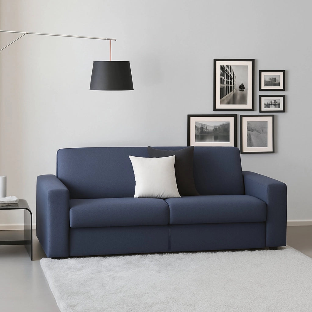 Divano fisso Cianite, Divano a 2 posti Large, Made in Italy, Sofà\  Soggiorno, in tessuto imbottito, con Braccioli slim, cm 180x95h90, Blu