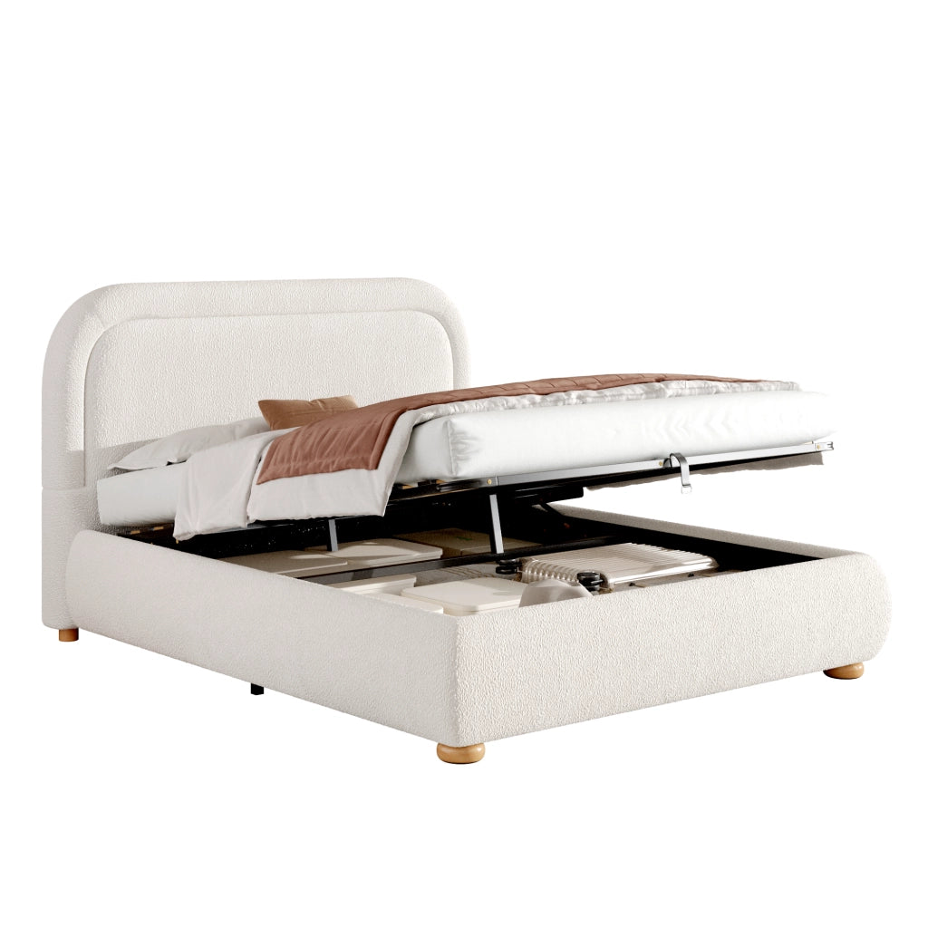 DESMIU Lit coffre 160 × 200 cm 2 posti con contenitore idraulico, senza materasso, in bouclé bianco