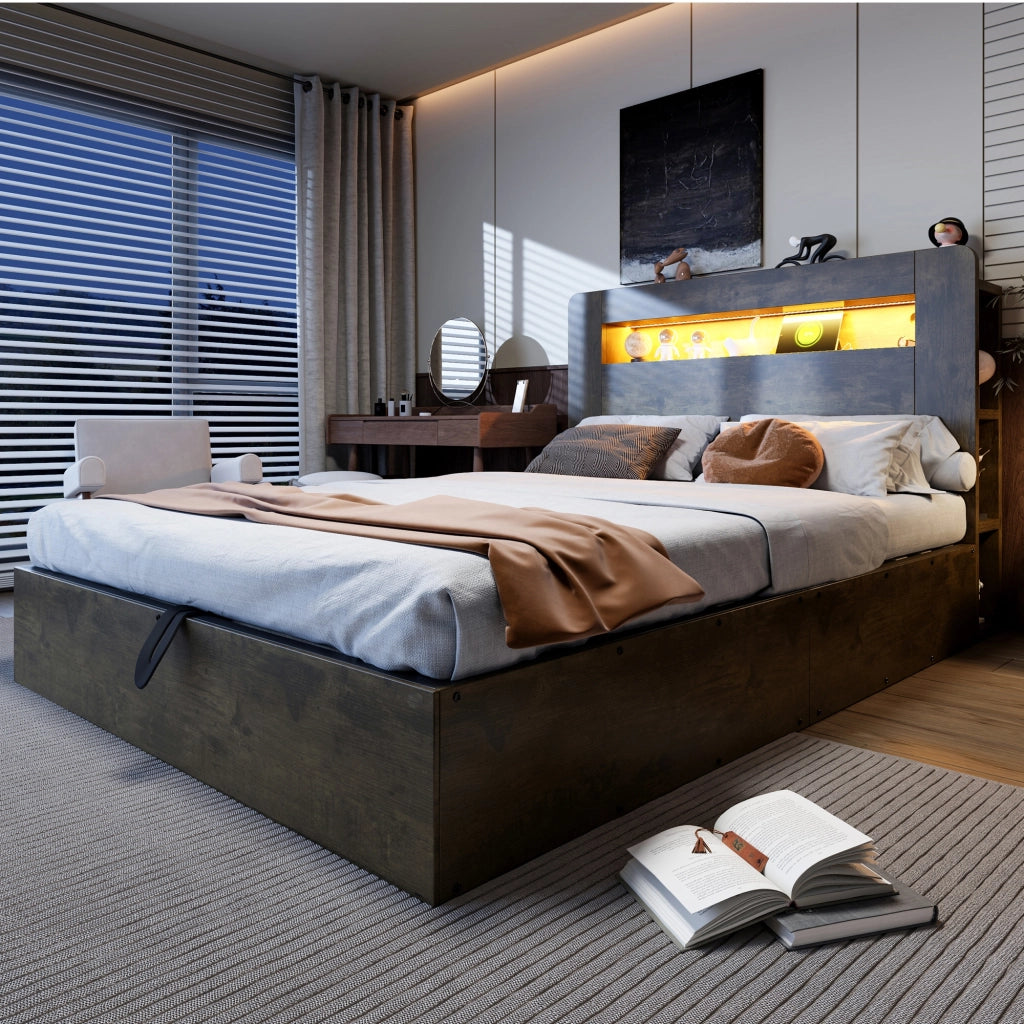 Letto in legno 140x200 cm, con contenitore e ripiani, illuminazione a LED, presa di ricarica, stile retro, marrone