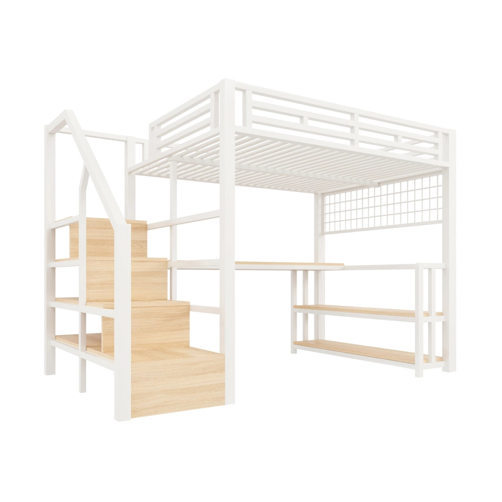 Letto a Soppalco con Scrivania e LED ¨C MINIMAL ¨C Bianco, 140x200, Metallo