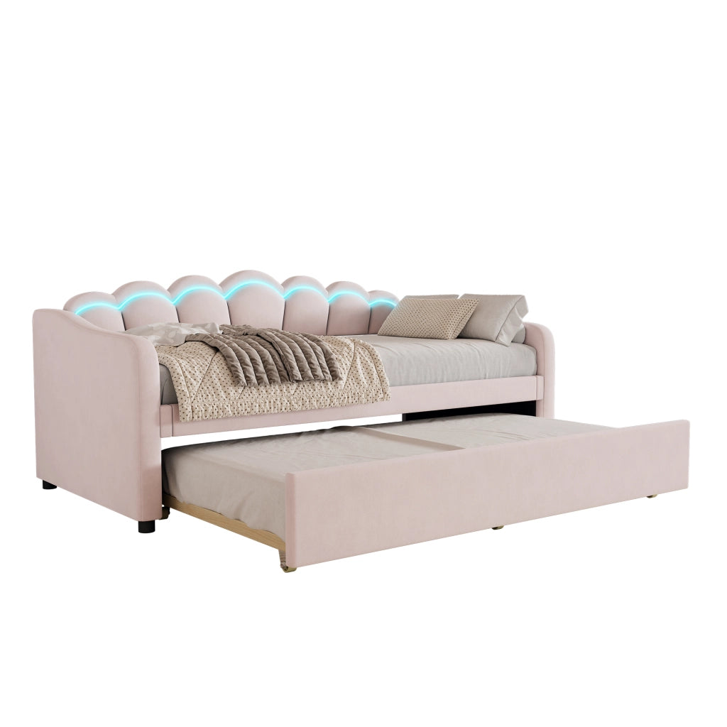 OKWISH Letto a Scomparsa 90×200 cm, Letto Singolo con Letto Estraibile, LED Regolabile e Telecomando, senza Materasso, Velluto, Rosa