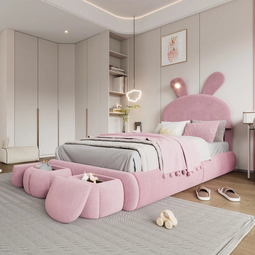 Letto singolo imbottito per bambini 90x200 cm LEMONMAX, orecchie da coniglio LED, 2 pouf contenitore, testiera regolabile, velluto rosa