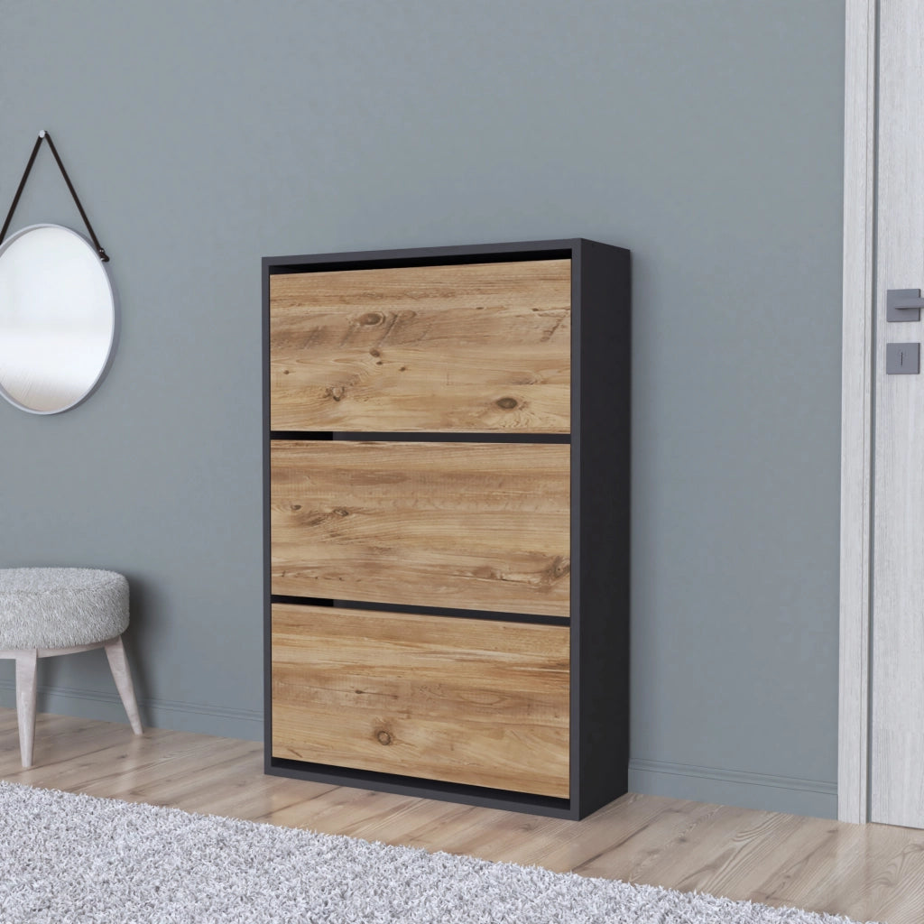 Scarpiera Salvaspazio Slim con 3 Contenitori Ribaltabili Portascarpe Stretto da Ingresso Capienza 18 Paia 110 x 73,5 x 24 cm - Antracite / Effetto Rovere [en.casa]