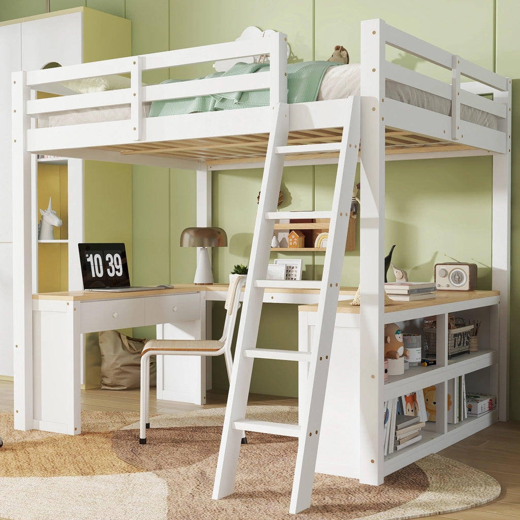 DESMIU Letto a soppalco per bambini 140 × 200 cm 1 posto con scrivania a U, 2 cassetti, ripiano, senza materasso, bianco e naturale