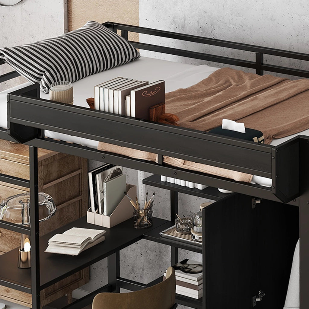 Letto a castello in metallo e legno nero 90x200 cm con tavolo, armadio e scala a 5 gradini