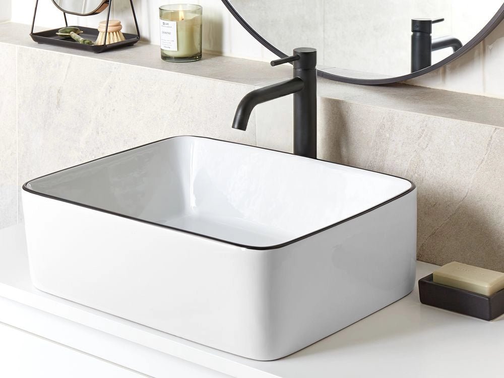 Lavabo da appoggio Bianco con bordo nero Ceramica lucida 490 x 380 mm Lavabo da bagno ovale
