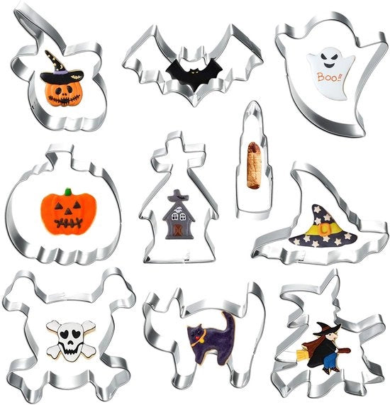Set di stampi per biscotti Halloween da 10 pezzi, con forme di pompa, pipistrello, fantasma, teschio, cappello a punta di freccia, gatto spaventato, lapide tombale, strega