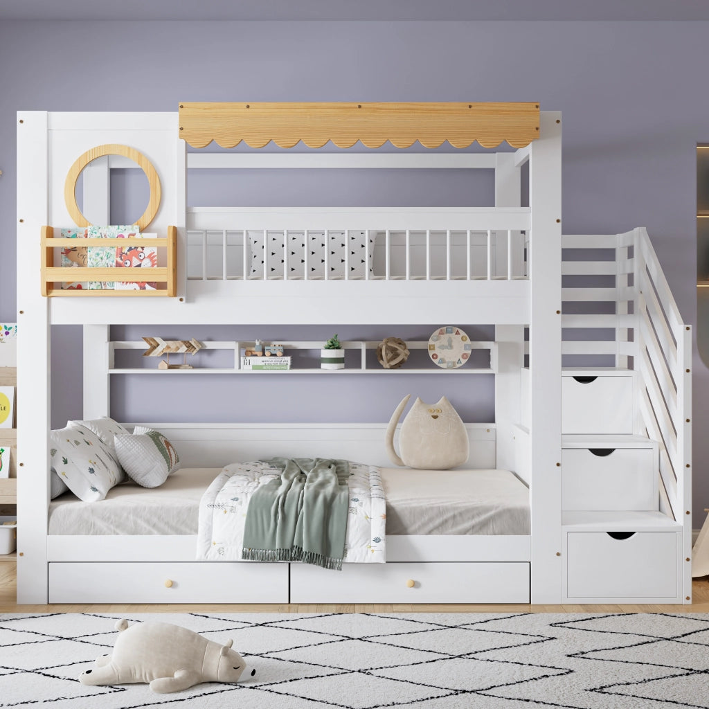 Letto a castello funzione contenitiva in legno massello e MDF bianco naturale 90x200 cm