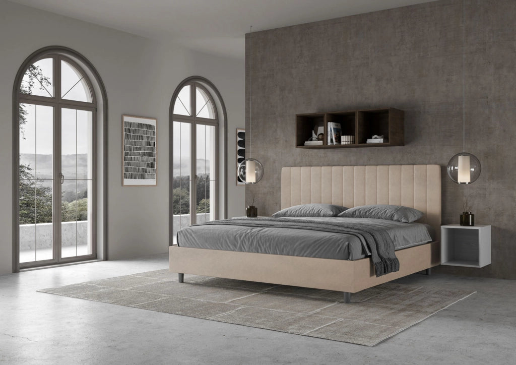 BS COM Letto matrimoniale king size con rete imbottito 200x200 microfibra sabbia