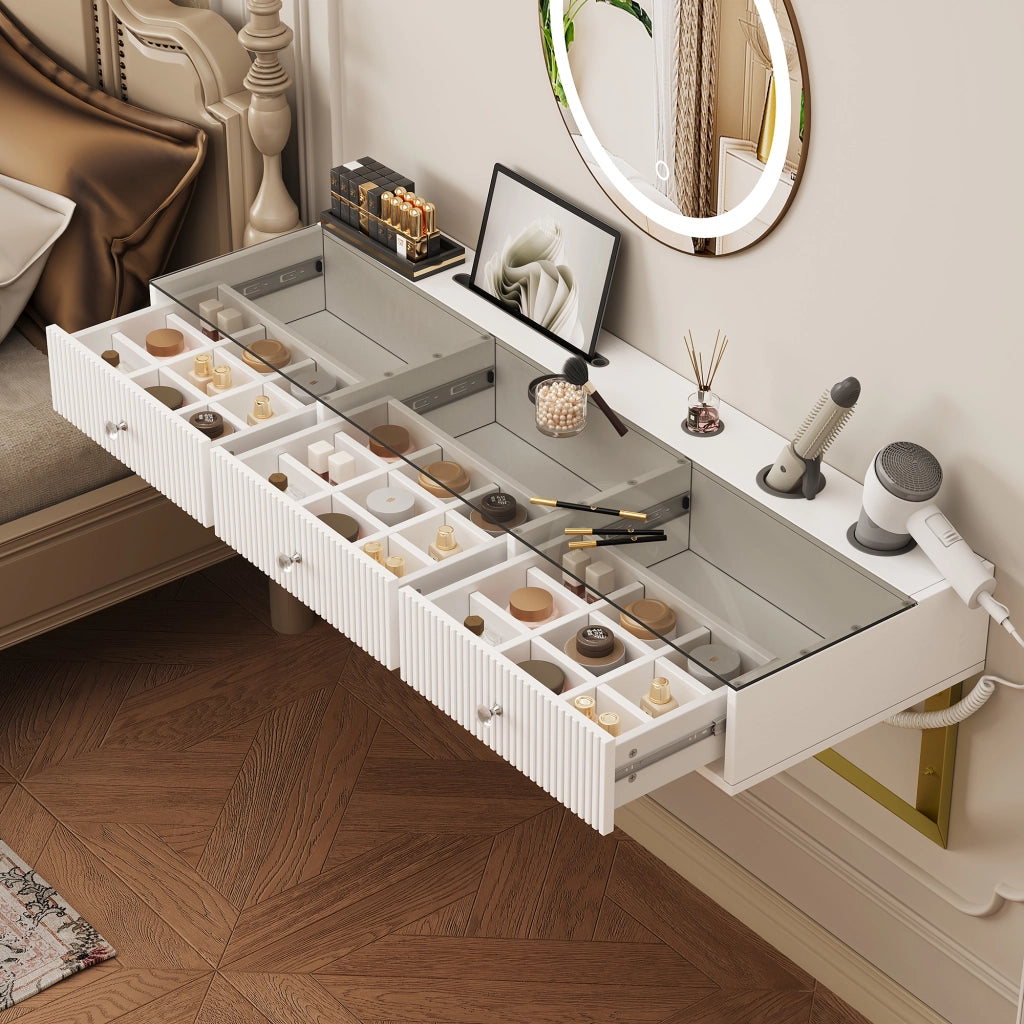 TOELETTA 120x40x45 cm Bianca con 3 cassetti e piano in vetro