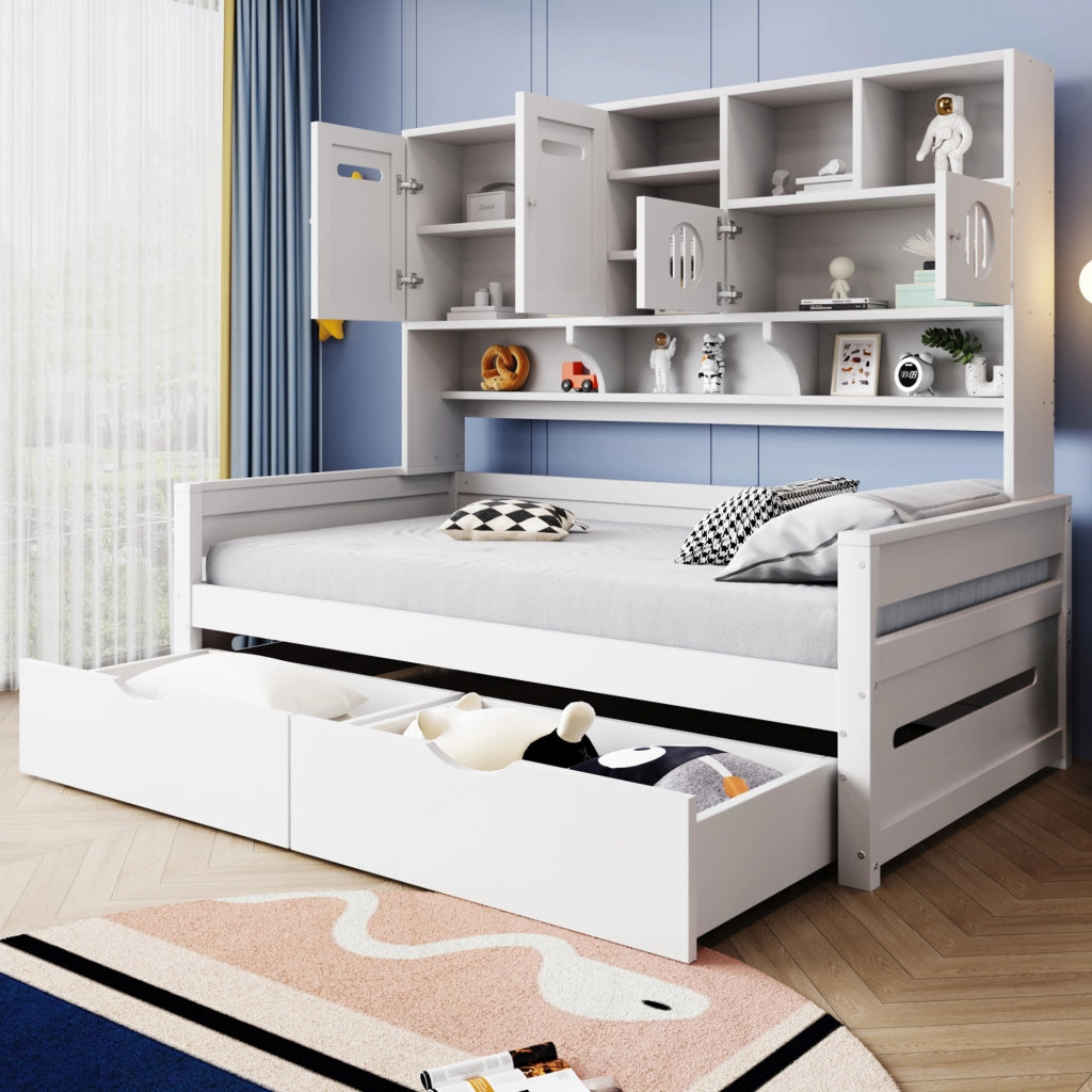 Letto multifunzione 90 x 200 cm in legno con ampio spazio contenitivo, 2 cassetti grandi, struttura bianca, senza materasso