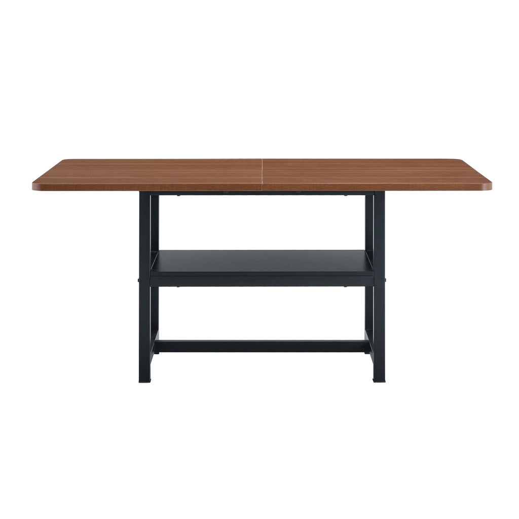 Tavolo da pranzo per 4-6 persone con ripiano portaoggetti; piano effetto noce e gambe in metallo nero; 160×90×76 cm