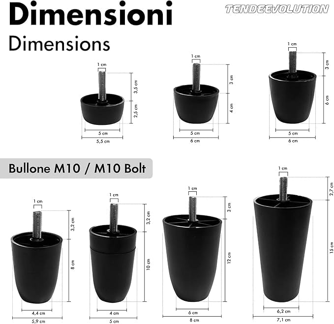 Piedini in Plastica PVC per Mobili | Altezza 12cm | Vite M10 | Design Minimal ed Elegante