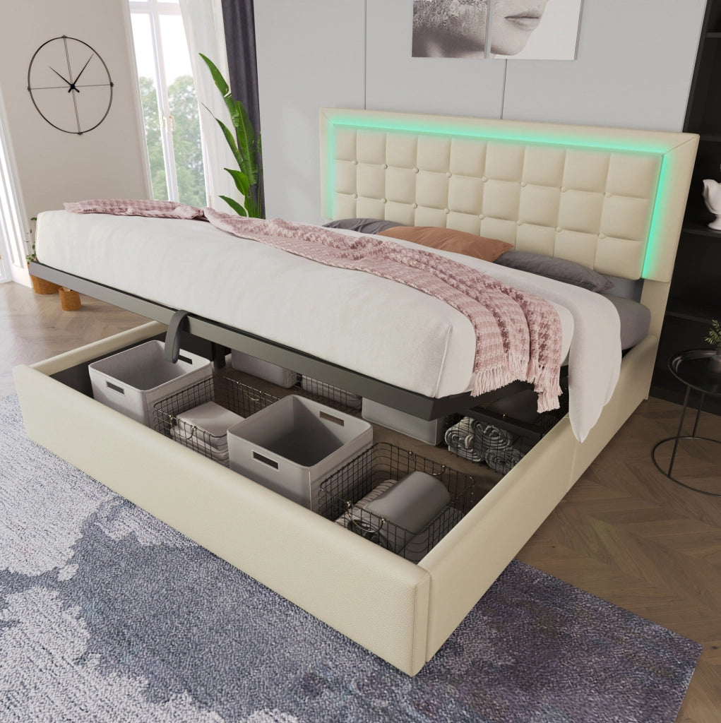 Letto matrimoniale imbottito 180x200 cm con LED, contenitore e rete a doghe