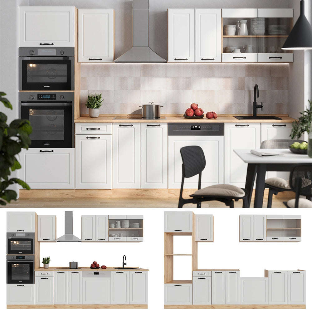 Cucina componibile R-Line Bianco rustico/Rovere dorato 300 cm con armadio alto, PL Rovere Vicco