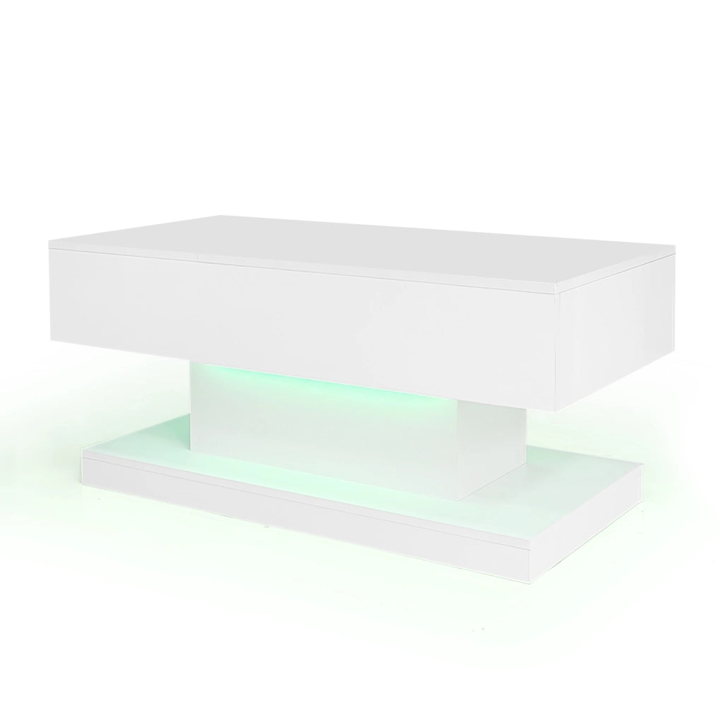 Tavolino da salotto bianco lucido 100x50x45 cm con sollevamento idraulico, funzione scorrevole laterale, LED e vano contenitore