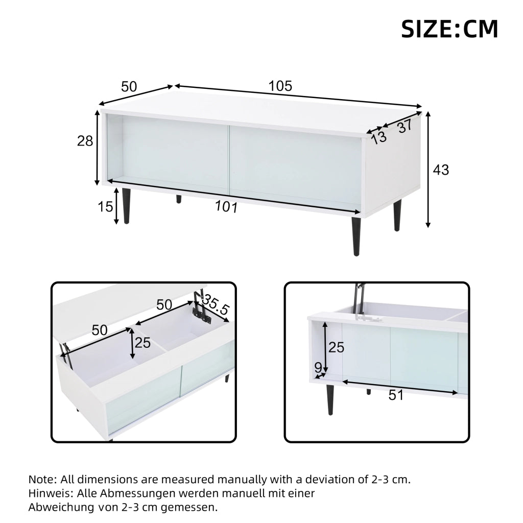 Tavolino da salotto regolabile in altezza 105 x 50 x 43 cm con LED, vani nascosti e ante scorrevoli in vetro temperato, bianco