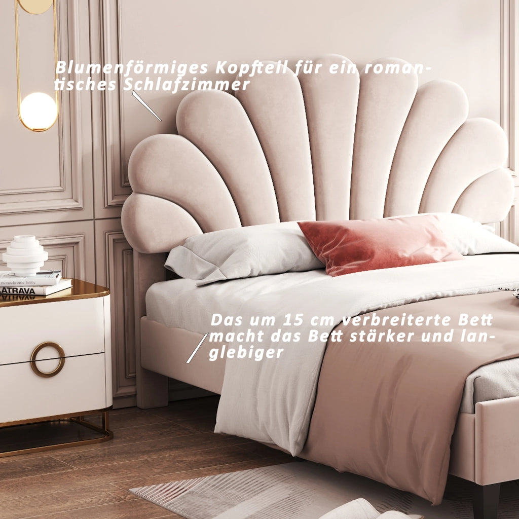 DESMIU Letto Matrimoniale 2 Posti con Testiera Floreale, Struttura Imbottita, 140 × 200 cm, Senza Materasso, Beige