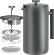 French Press Cafèttiera 34 oz - 1000 ml (4 sacchi di caffè / 8 tazze di caffè) - Cafèttiera con filtro in acciaio inox triplo e pareti isolate - Grigio