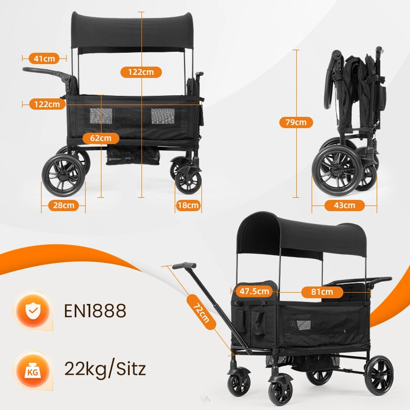 Carretto per bambini con sedile, carretto/passeggino pieghevole per 2 bambini, nero, maniglione imbottito regolabile in 8 posizioni, capottina parasol