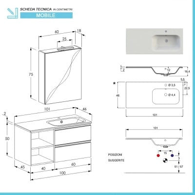 Mobile bagno sospeso 100 cm bianco opaco con cassetti e vani a giorno completo di lavabo a destra e specchio contenitore Master