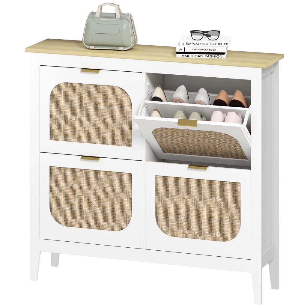 Scarpiera con 4 cassetti e ante effetto rattan ¨C Zephmum ¨C Bianco 105x24x95.5 cm