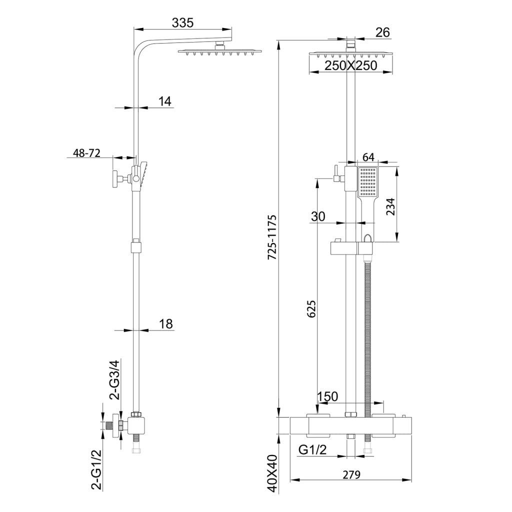 Kit doccia con miscelatore termostatico, soffione quadrato 25x25cm, doccetta quadrata 22x6.4cm, colonna doccia regolabile 73-115cm, cromo