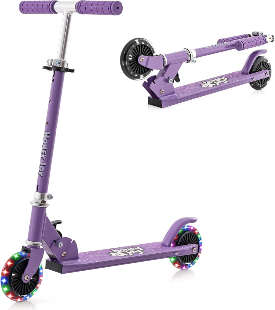 Monopattino Bambini, Monopattino Bambino e Bambina +3 Anni Pieghevole con 2 Ruote Lampeggianti, Manubrio Regolabile e Freno (Viola)