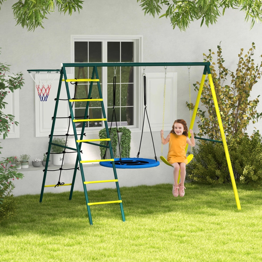 Altalena da Giardino con Scalette e Canestro ¨C Xylo ¨C Set Rotonda Acciaio per Bambini 3-8 Anni