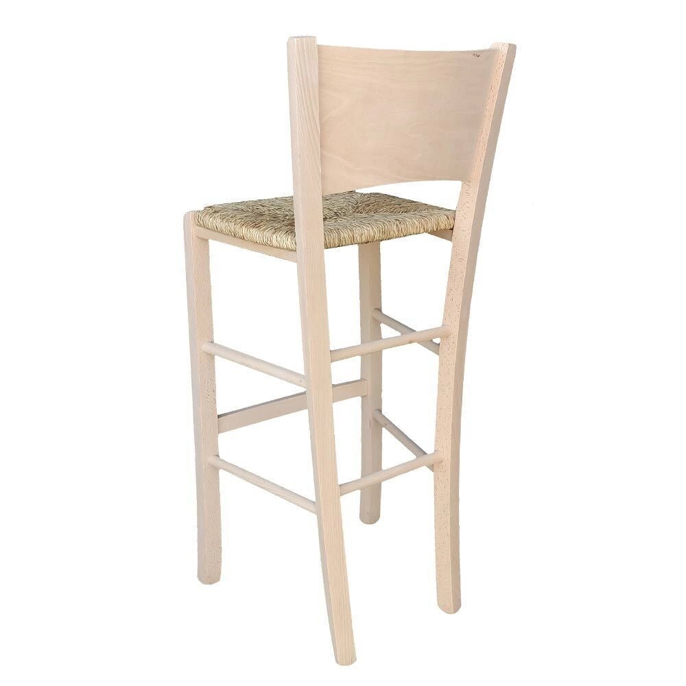 Sgabello alto da bar Lucy h 73 cm in legno grezzo con seduta in paglia