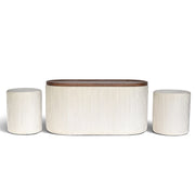 Set 3 Pouf Contenitore con Tavolino da Salotto Ovale in Velluto e Coperchio in Legno, 2 Pouf Interni Salvaspazio, Tavolino Contenitore Moderno, Seduta Imbottita Beige