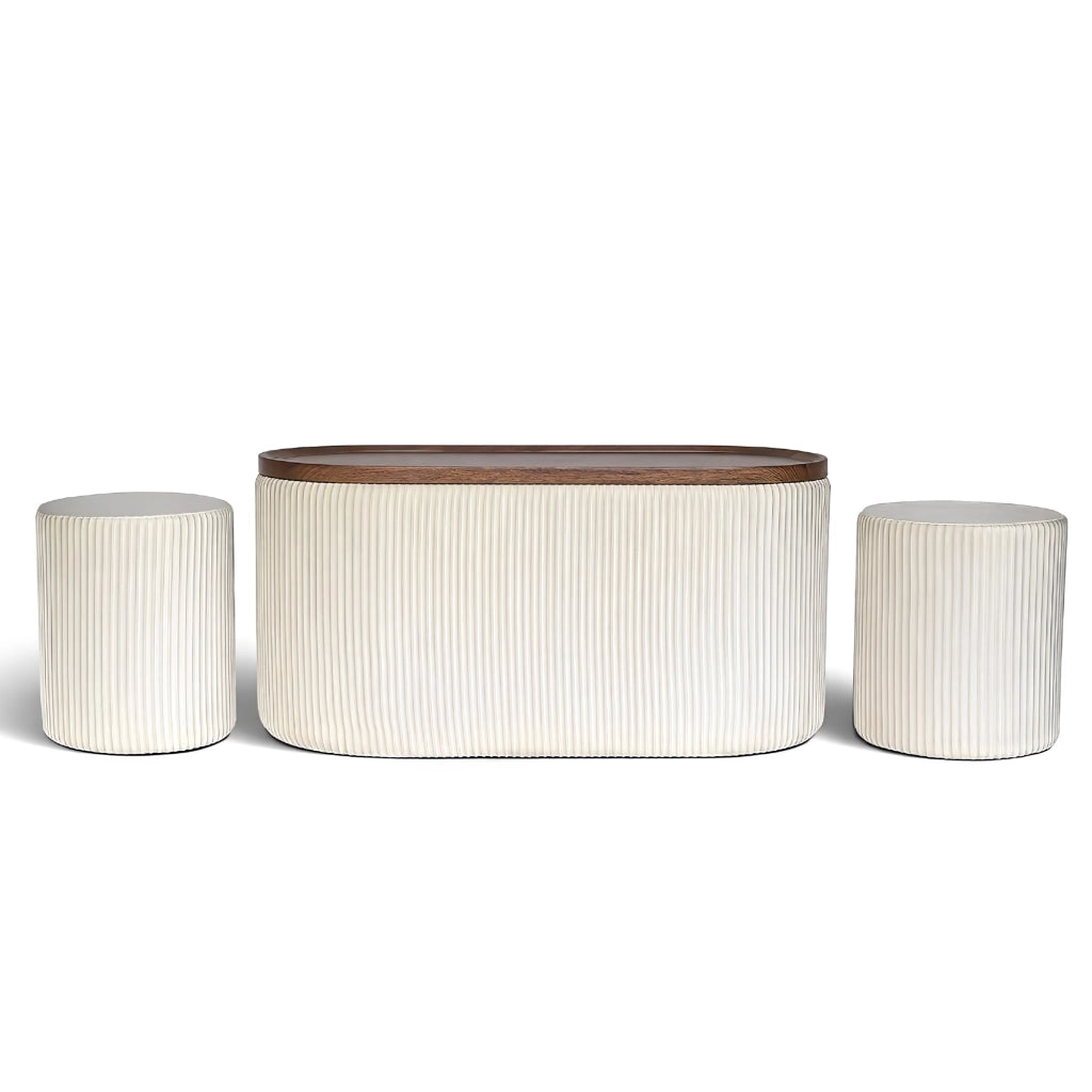 Set 3 Pouf Contenitore con Tavolino da Salotto Ovale in Velluto e Coperchio in Legno, 2 Pouf Interni Salvaspazio, Tavolino Contenitore Moderno, Seduta Imbottita Beige