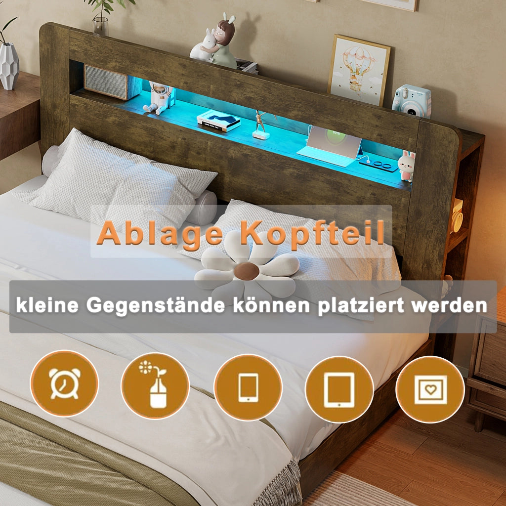 DESMIU Letto matrimoniale 180 × 200 cm con vano portaoggetti, LED e prese integrate, senza materasso, legno vintage