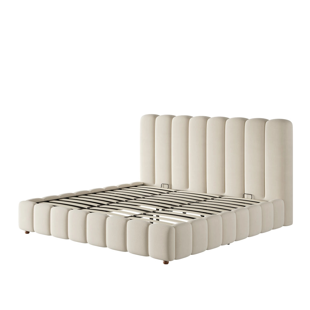 Letto matrimoniale 180 x 200 cm, testiera imbottita, vano portaoggetti, rivestimento in velluto, color beige