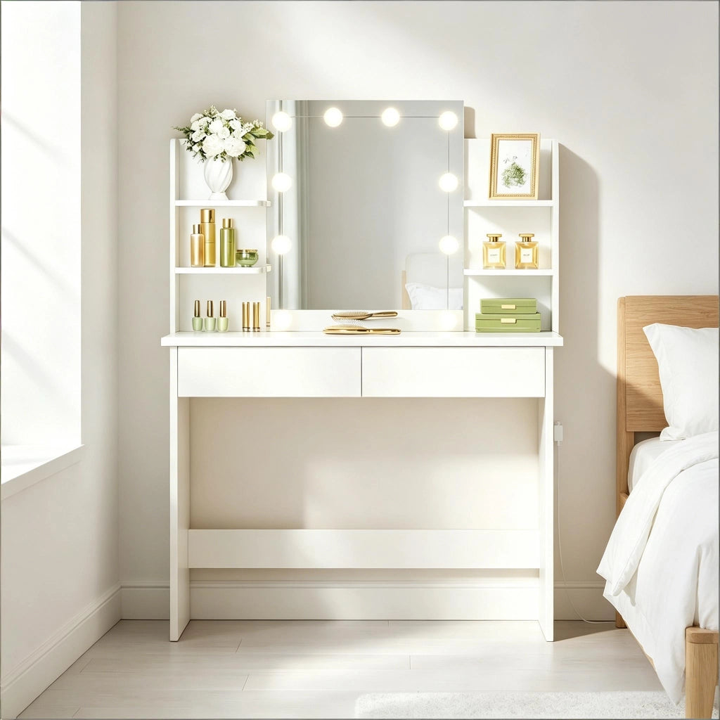 Tavolino trucco con specchio LED, 4 ripiani aperti e doppio cassetto, bianco
