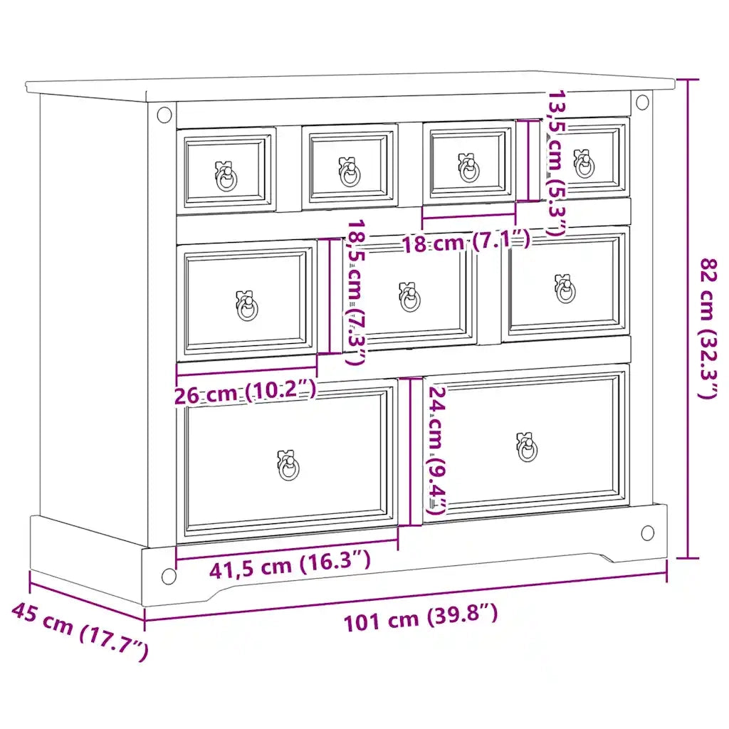 Cassettiera Corona 101x45x82 cm in Legno Massello di Pino CFW2549845