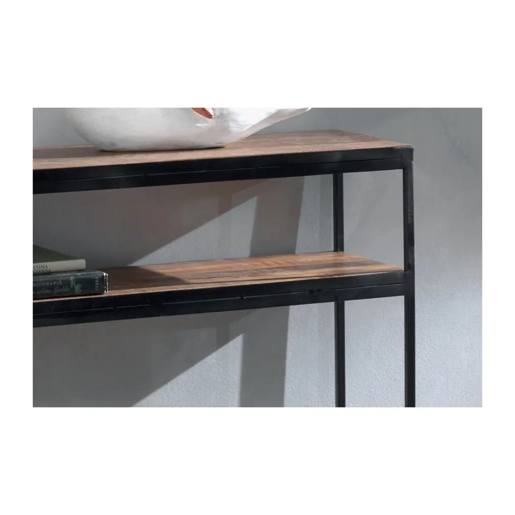 Console da salotto GOA - Legno massiccio esotico e metallo nero - 2 ripiani