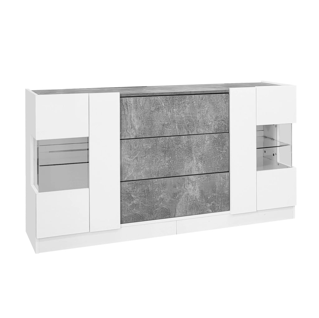 Sideboard moderno 140x35x75 cm con LED; 2 ante e 3 cassetti; bianco lucido e marmo grigio