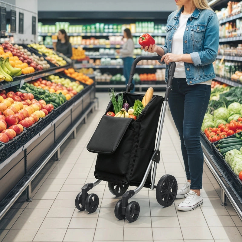 Carrello della spesa, borsa da 46 litri, carrello pieghevole con borsa termica, maniglia regolabile, telaio in alluminio, nero