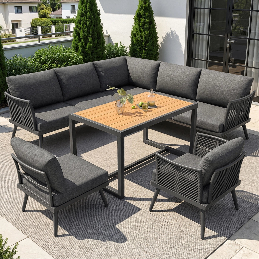 Set lounge da giardino a 7 posti modulare in ferro grigio con tavolino in legno plastico e cuscini sfoderabili
