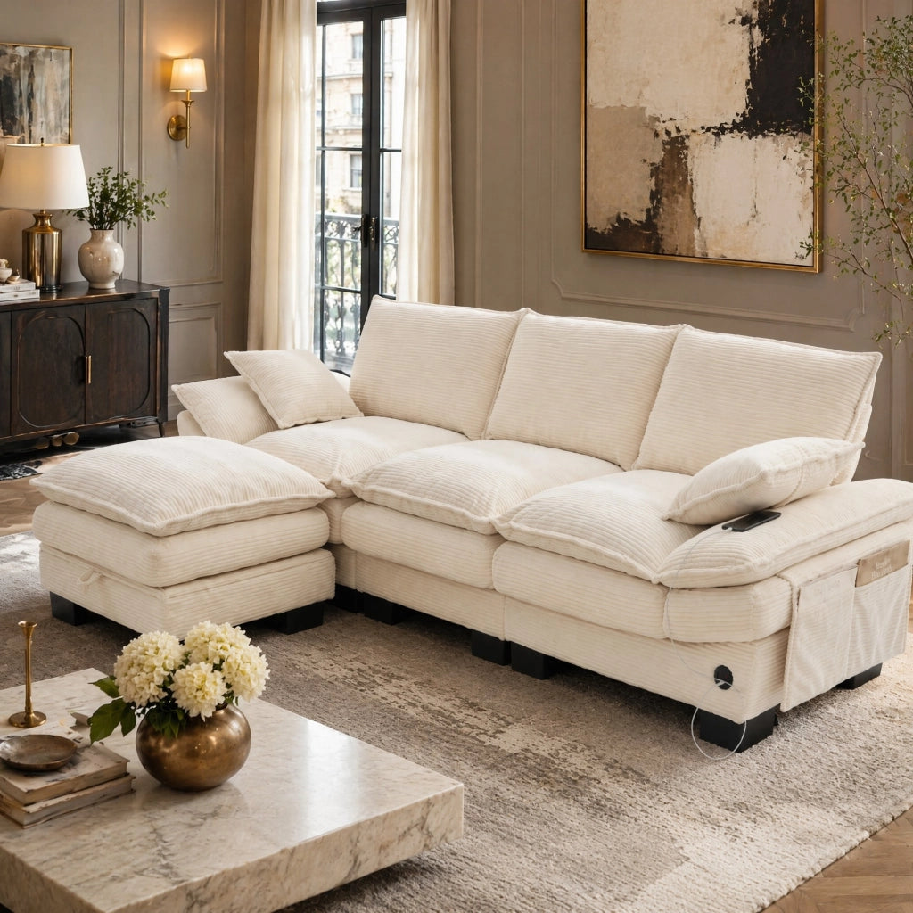Divano modulare a 3 posti in corduroy con 1 pouf, USB-C, tasche laterali, beige
