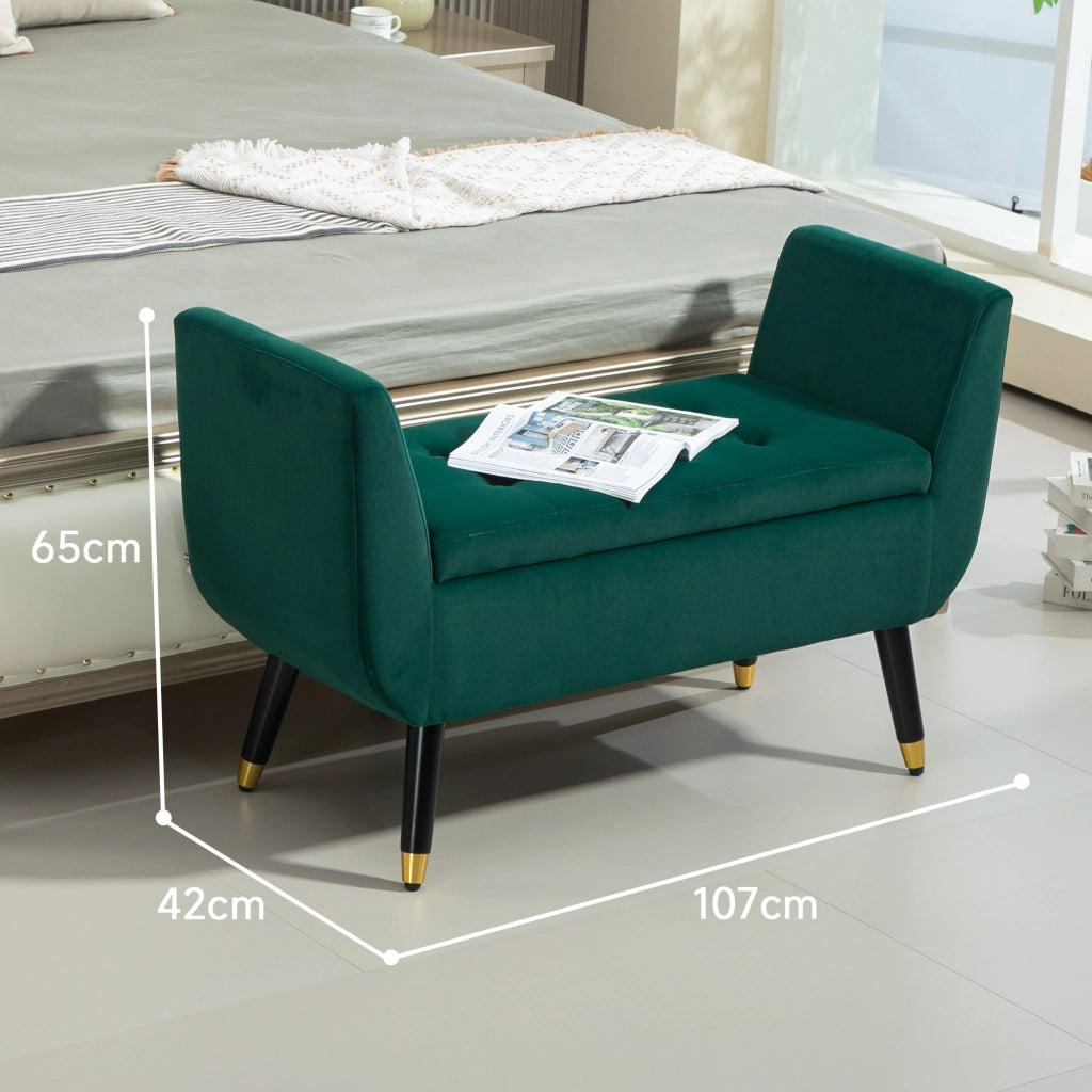 Panca Contenitore, Seduta da Ingresso con Coperchio Ribaltabile e Gambe in Legno, Poliestere Verde