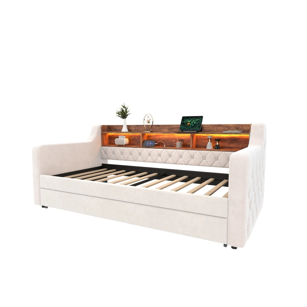 Divano Letto 90x190 in Velluto con Contenitore, LED e Struttura Metallo ¨C Xylo ¨C Beige