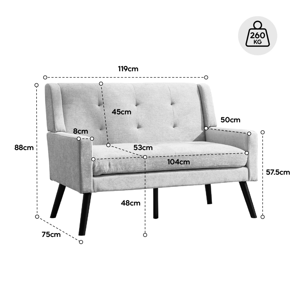 Poltrona Panca 2 Posti in Tessuto Lino ¨C MINIMAL ¨C Gambe in Legno Massello, Seduta Imbottita