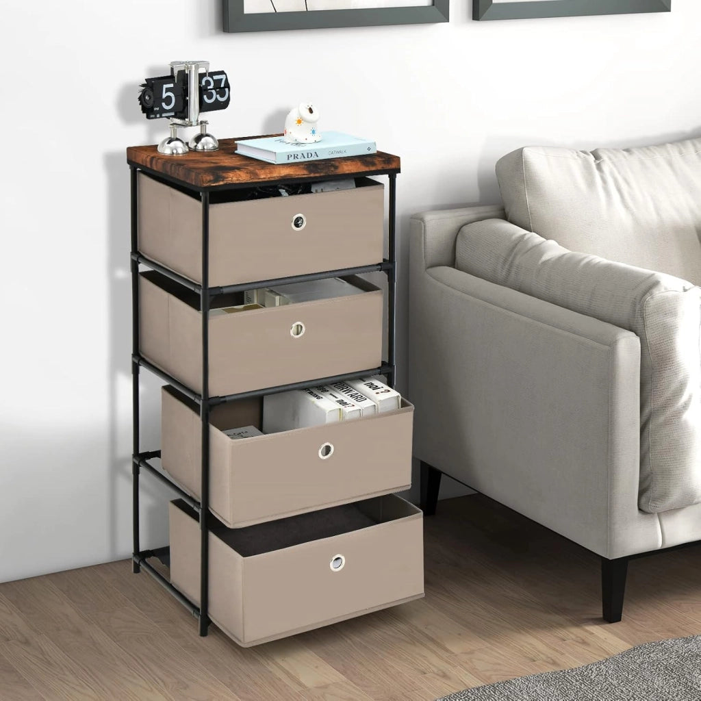 Cassettiera in Tessuto, Mobile con 4 Cassetti e Struttura Robusta in Metallo, Mobiletto Salvaspazio per Camera da Letto, Corridoio, Ingresso e Armadio, 42 x 33,5 x 84,5 cm (Marrone)