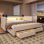 LETTO estraibile 90x190 cm in velluto beige con cassetti e luci LED