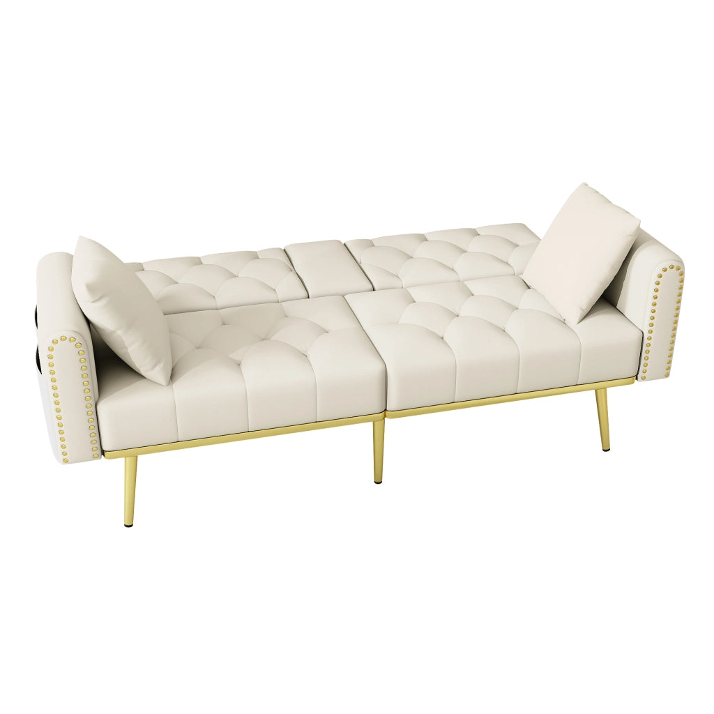Divano letto multifunzionale in velluto beige 2 posti con schienale regolabile e portabicchieri