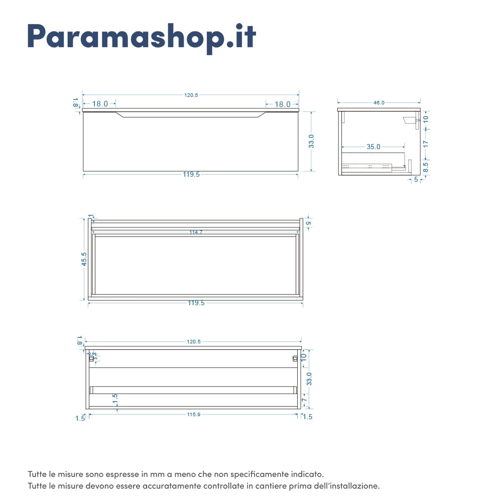 Cassettone scorrevole 120cm grigio opaco chiusura soft-close | Bako